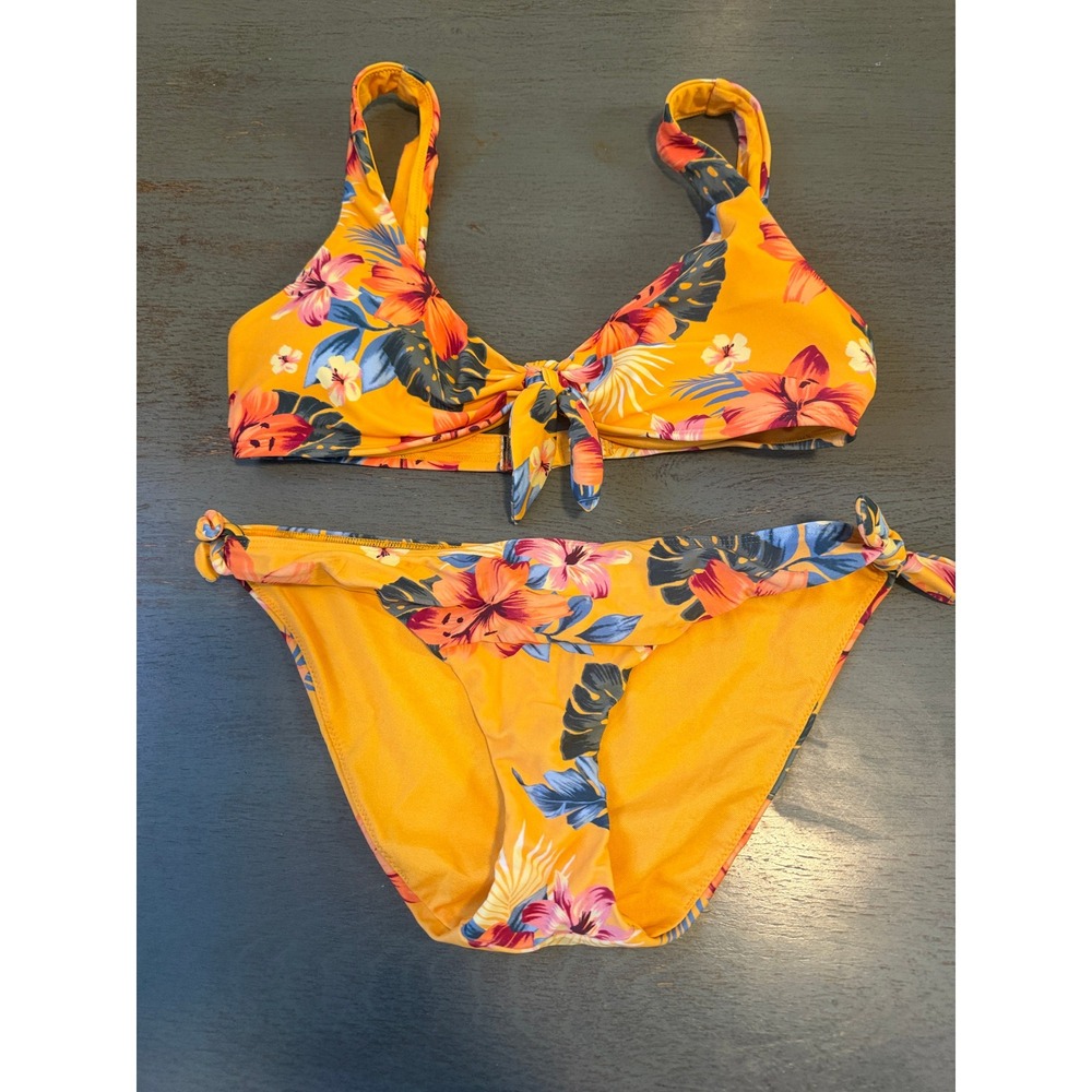 Hollister Swim Yellow Tropical Floral Bikini Set Size M Front Tie Two Piece
